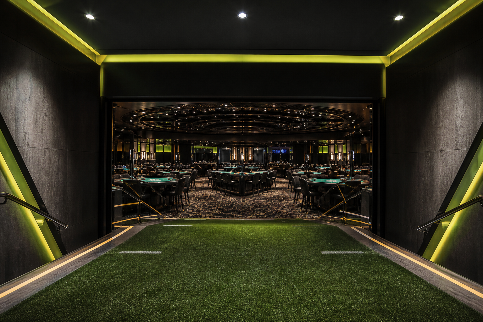 Tavoli verdi da n1 bet casino con luci da stadio, tunnel verso la sala